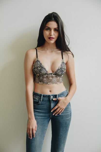 Leto Collection floral mesh bralette featuring a delicate lace design and adjustable straps