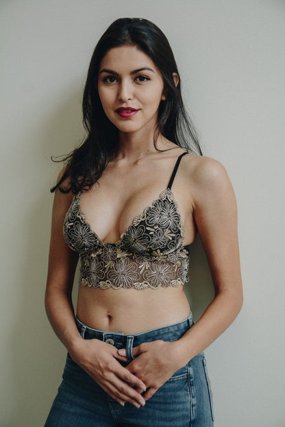 Leto Collection floral mesh bralette featuring a stylish design and adjustable straps for comfort