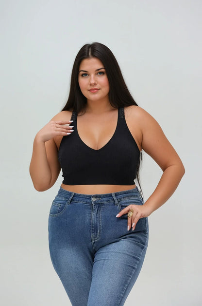 Plus size seamless bralette from Leto Collection, featuring a flattering V-neck design for comfort and style.