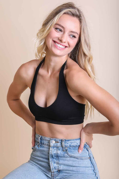Leto Collection solid halter bralette in black, perfect for comfortable, stylish layering