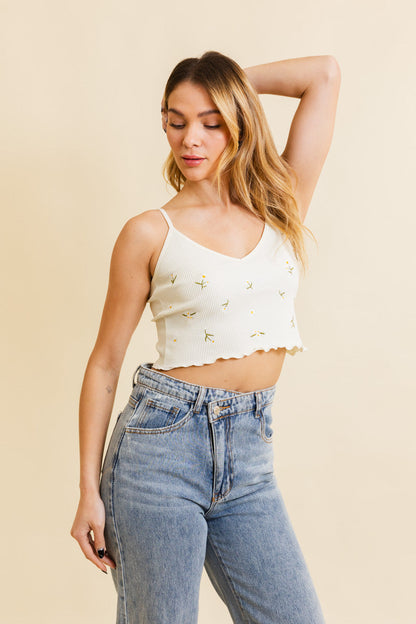 Leto Collection Daisy Embroidered Brami Top in Cream with a Scalloped Hem and Spaghetti Straps