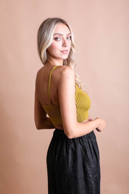 Leto Collection rib knit lounge brami in mustard yellow for comfortable casual wear