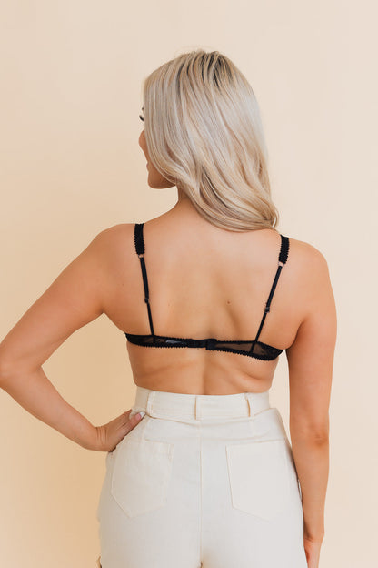 Back view of Leto Collection boho mesh bralette with adjustable straps for a stylish look
