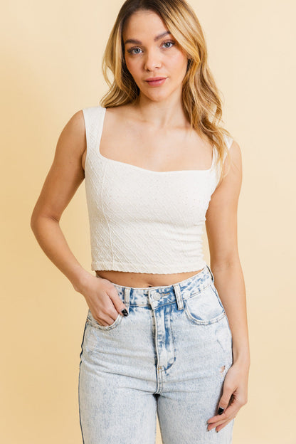 Leto Collection textured brami top for women in off-white with a square neckline and fitted design