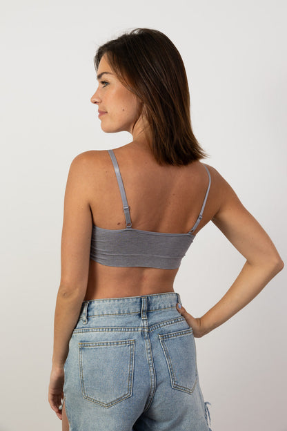 Leto Collection ribbed lace padded bralette in gray with adjustable straps and a stylish back design