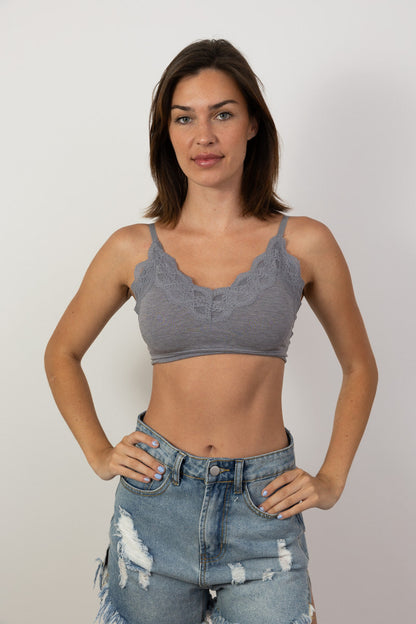 Leto Collection ribbed lace padded bralette in gray with a scalloped edge design for comfortable wear