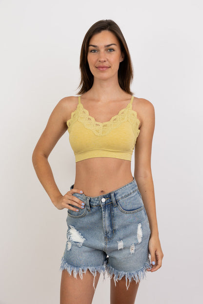 Leto Collection ribbed lace padded bralette in yellow with delicate lace trim for everyday comfort