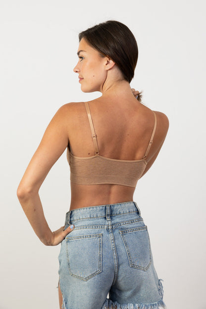 Leto Collection ribbed lace padded bralette in tan, featuring adjustable straps and a comfortable fit