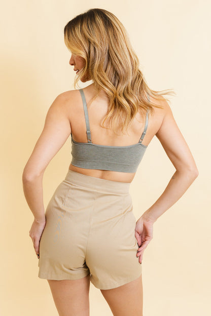 Back view of Leto Collection ribbed lace trim bralette in gray paired with stylish shorts
