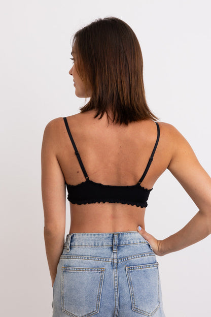 Black lettuce edge bralette from Leto Collection with adjustable straps and a trendy design
