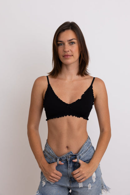 Leto Collection lettuce edge bralette in black with soft fabric and adjustable straps for comfort