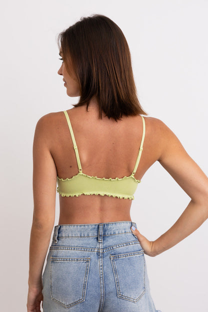 Leto Collection lettuce edge bralette in light green with adjustable straps and ruffled trim
