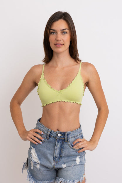 Leto Collection lettuce edge bralette in light green with adjustable straps and a delicate ruffled trim