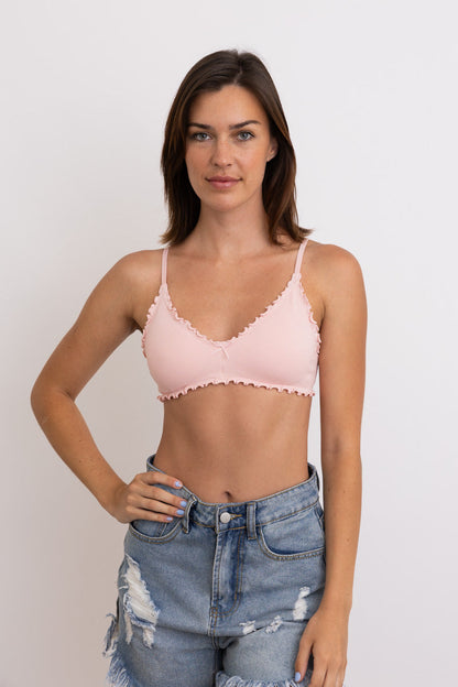Leto Collection lettuce edge bralette in soft pink with delicate scalloped trim and adjustable straps