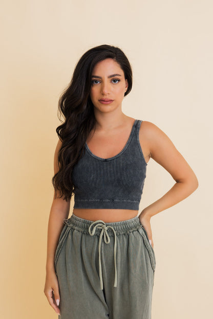 Gray ribbed bralette for women styled with relaxed fit pants for casual looks