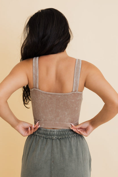 Back view of a Leto Collection ribbed bralette for women with adjustable straps and a comfortable fit