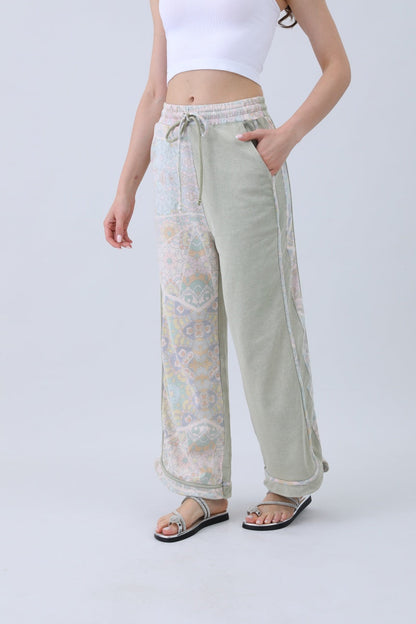 Leto Collection boho contrast pants for women in light green with colorful patchwork design