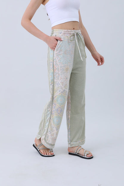 Leto Collection Boho Contrast Pants for Women in Green with Decorative Side Patterns