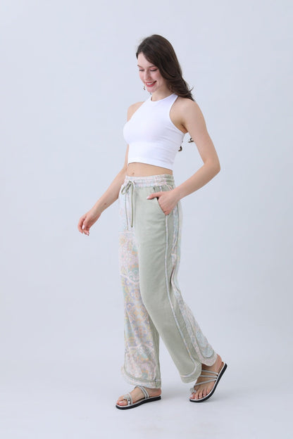 Leto Collection boho contrast pants for women in soft green with decorative patterns and a comfortable fit