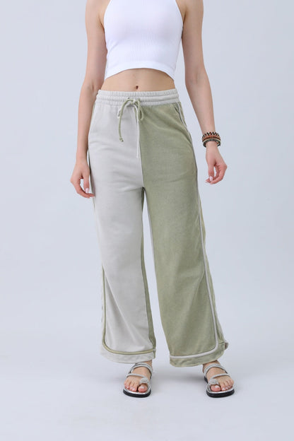 Leto Collection olive two-tone wide leg pants featuring a comfortable drawstring waist and relaxed fit