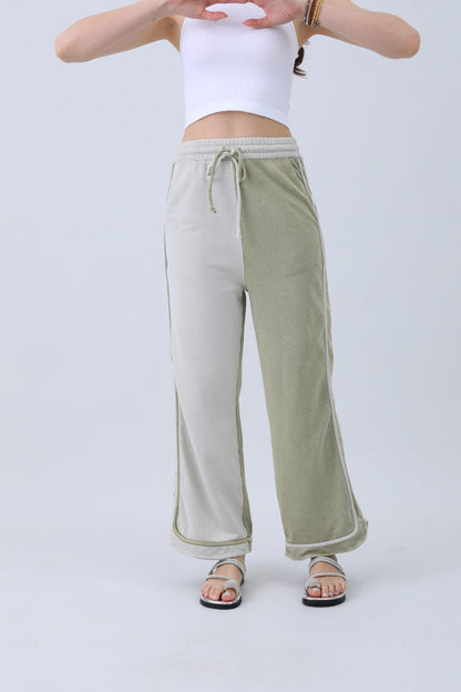 Olive two-tone wide leg pants from Leto Collection with a comfortable drawstring waistband
