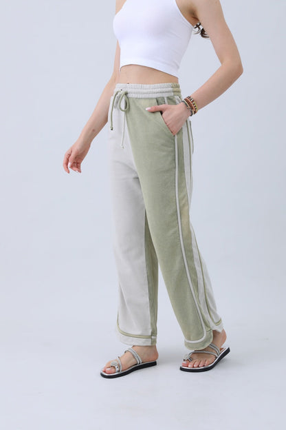 Olive two-tone wide leg pants by Leto Collection featuring pockets and a comfortable design