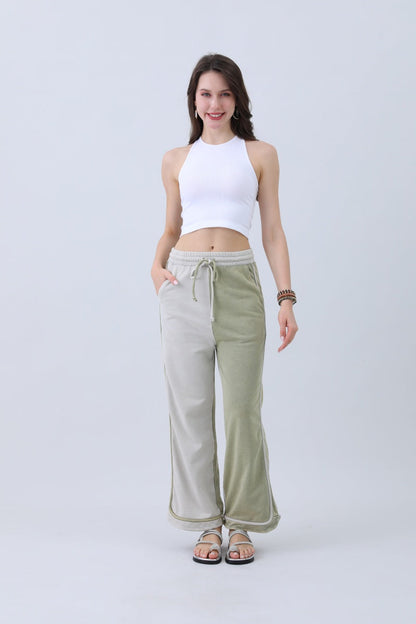 Olive two-tone wide leg pants from Leto Collection with a comfortable fit and stylish design