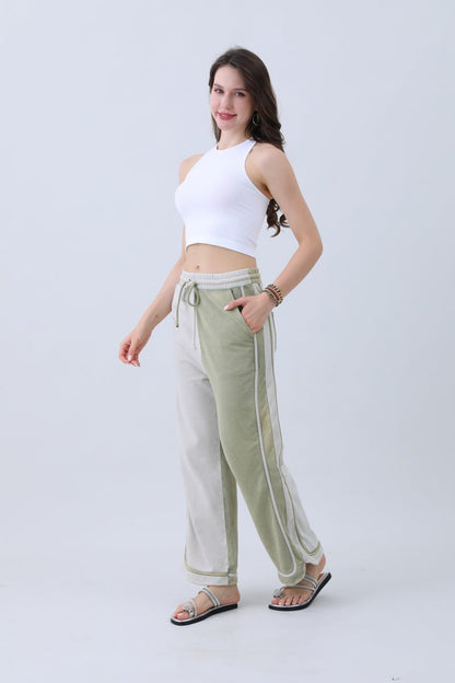 Leto Collection olive two-tone wide leg pants with relaxed fit and stylish design for casual wear