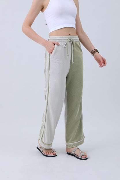 Leto Collection olive two-tone wide leg pants with comfortable fit and stylish design