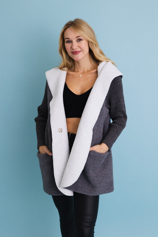 Gray Cozy Sherpa Hooded Cardigan-Soul Flow Apparel