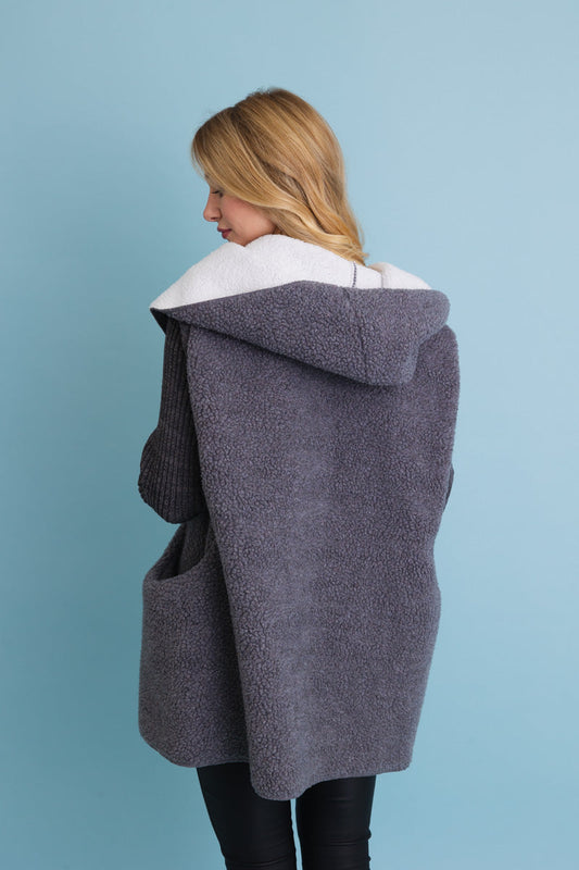 Gray Cozy Sherpa Hooded Cardigan-Soul Flow Apparel