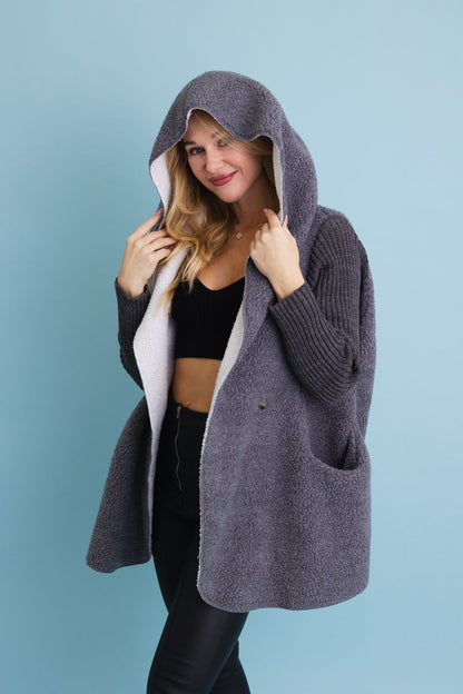 Gray Cozy Sherpa Hooded Cardigan Leto Collection