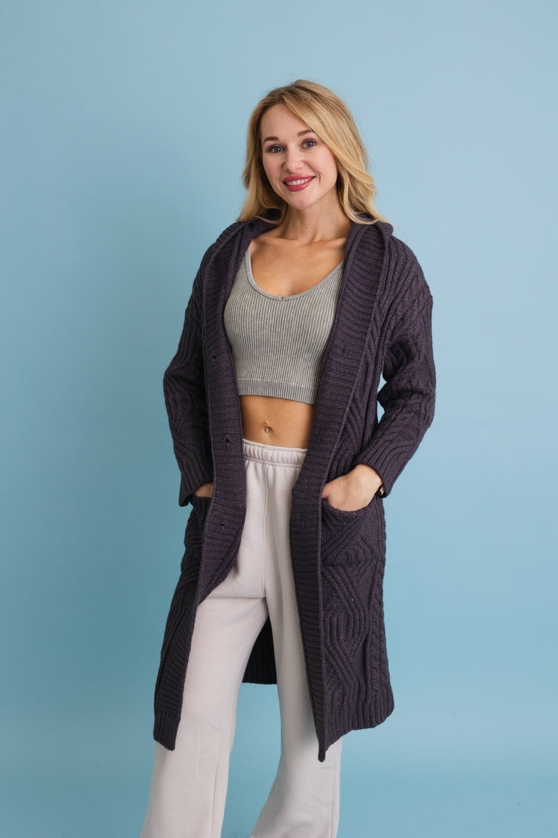 Cable Knit Hooded Cardigan with Large Buttons-Soul Flow Apparel