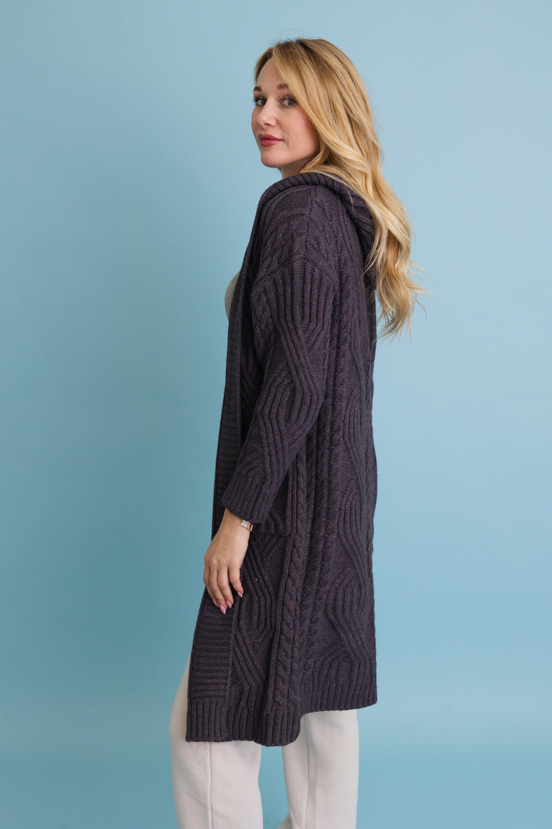 Cable Knit Hooded Cardigan with Large Buttons-Soul Flow Apparel