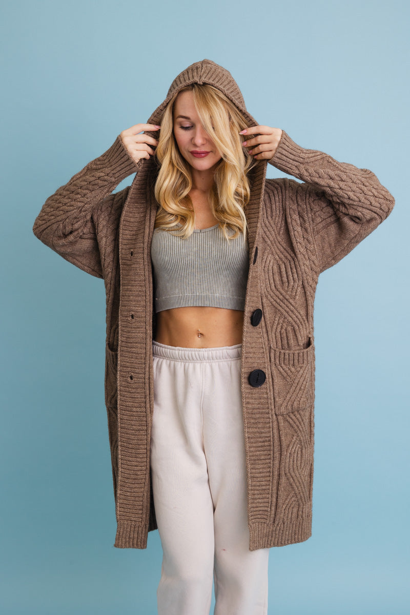 Cable Knit Hooded Cardigan with Large Buttons-Soul Flow Apparel
