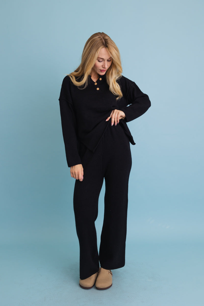 Relaxed Henley Waffle Knit Lounge Set-Soul Flow Apparel
