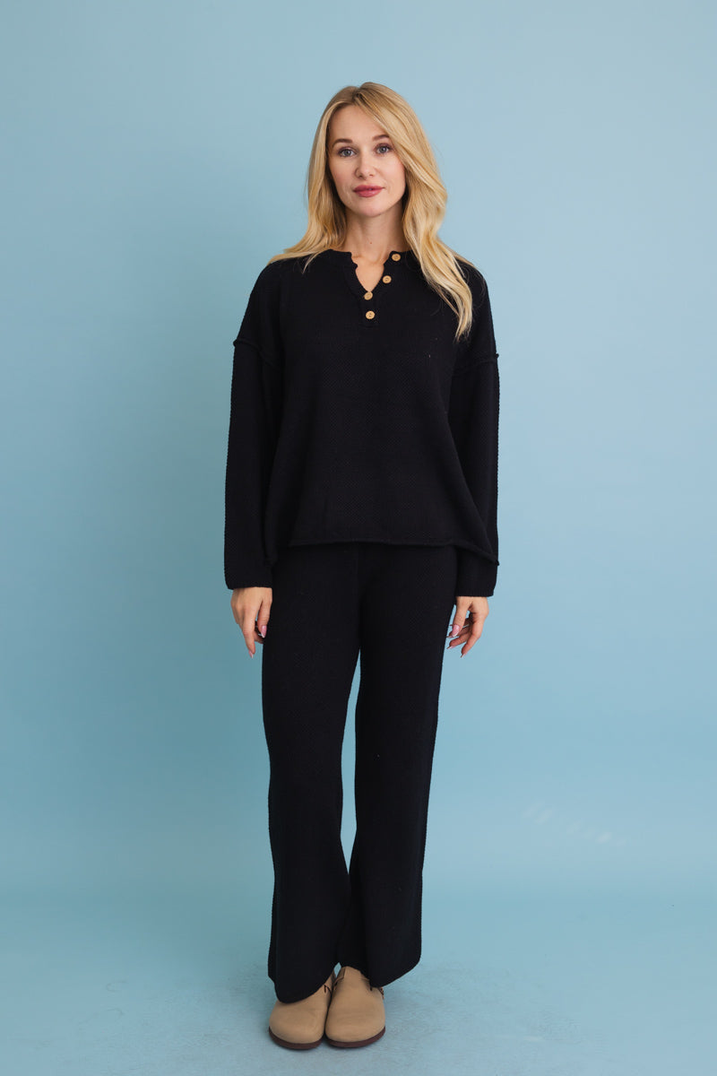 Relaxed Henley Waffle Knit Lounge Set-Soul Flow Apparel