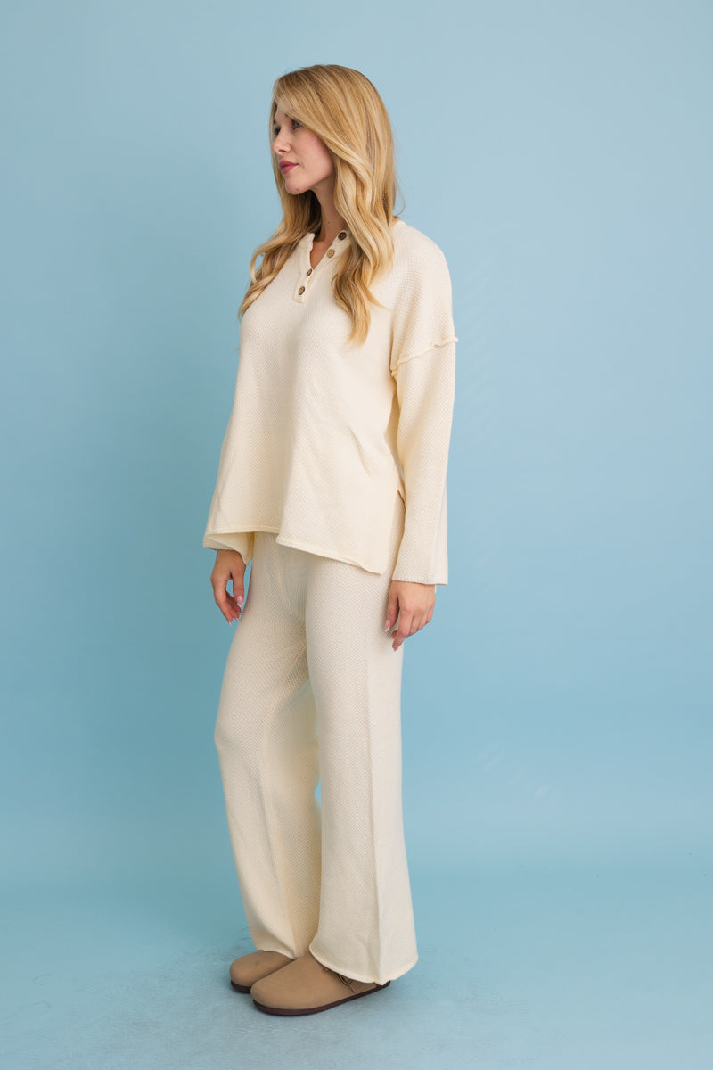 Relaxed Henley Waffle Knit Lounge Set-Soul Flow Apparel