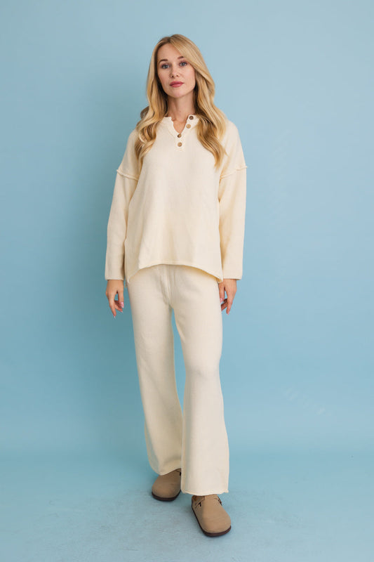 Relaxed Henley Waffle Knit Lounge Set-Soul Flow Apparel