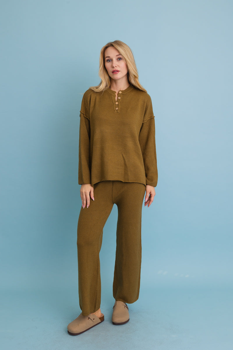 Relaxed Henley Waffle Knit Lounge Set-Soul Flow Apparel