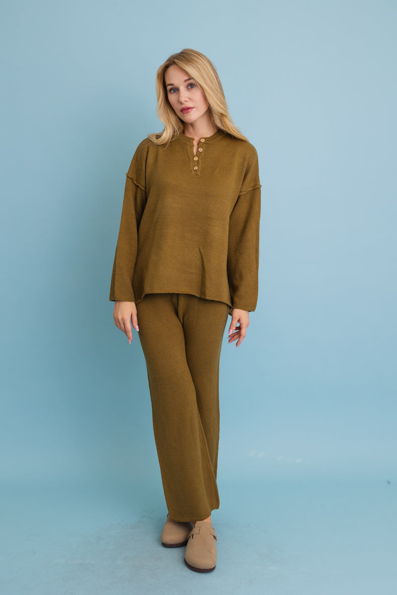 Relaxed Henley Waffle Knit Lounge Set-Soul Flow Apparel
