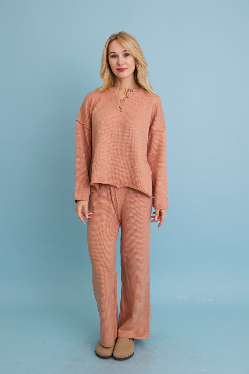 Relaxed Henley Waffle Knit Lounge Set-Soul Flow Apparel