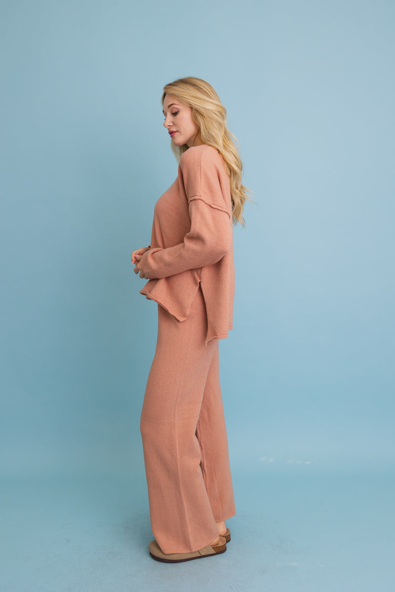 Relaxed Henley Waffle Knit Lounge Set-Soul Flow Apparel