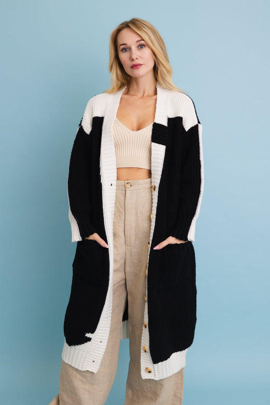 Oversized Color Block Button-Up Knit Cardigan-Soul Flow Apparel