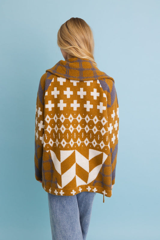 Leto Collection boho geometric knit cardigan in mustard with unique patterns and cozy design