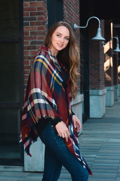 Leto Collection Boho Flannel Poncho in plaid design for stylish layering and warmth