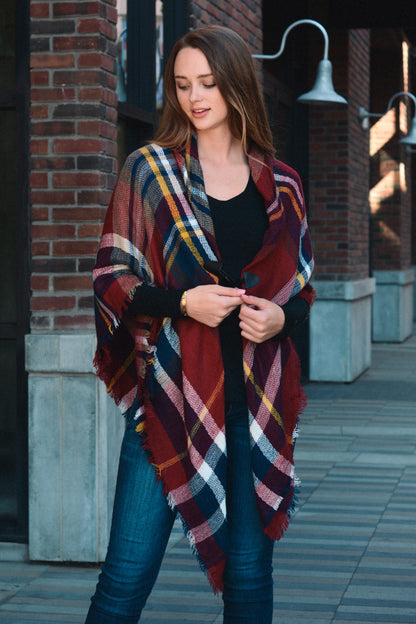 Leto Collection Boho Flannel Poncho in burgundy with plaid pattern for stylish layering