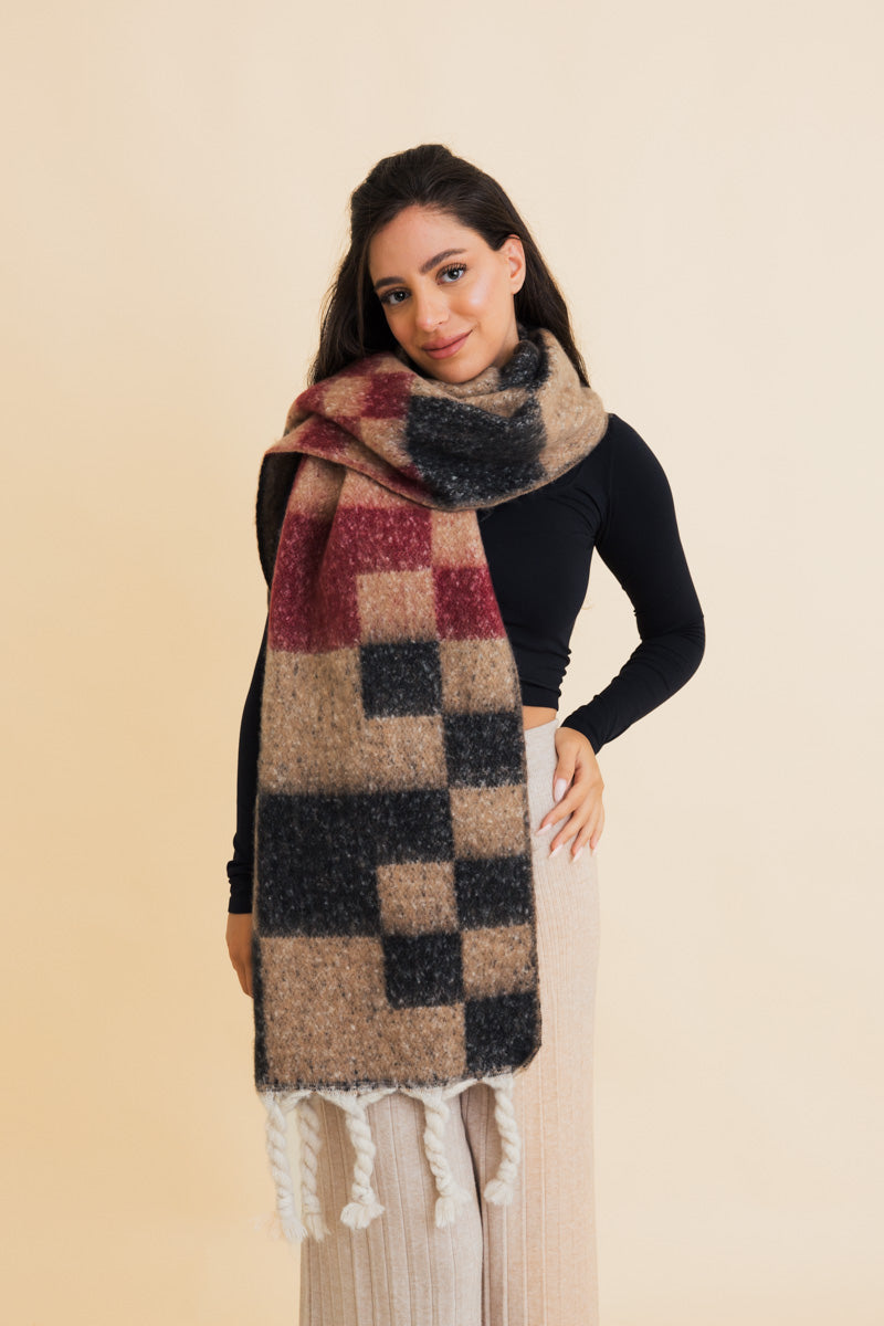 Multi Colored Checkered Scarf w/ Tassels-Soul Flow Apparel