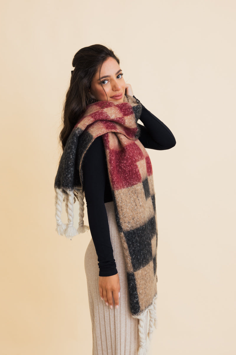 Multi Colored Checkered Scarf w/ Tassels-Soul Flow Apparel