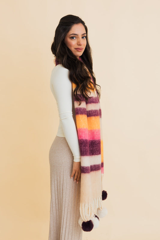 Soul Flow Apparel | Boho Pop Stripe Pom Tassel Cozy Scarf
